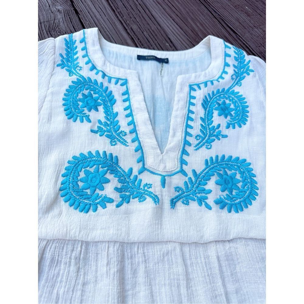 THML Embroidered Top Blouse Creamy Beige Turquoise Short Sleeve V Neck Size S - Picture 2 of 7